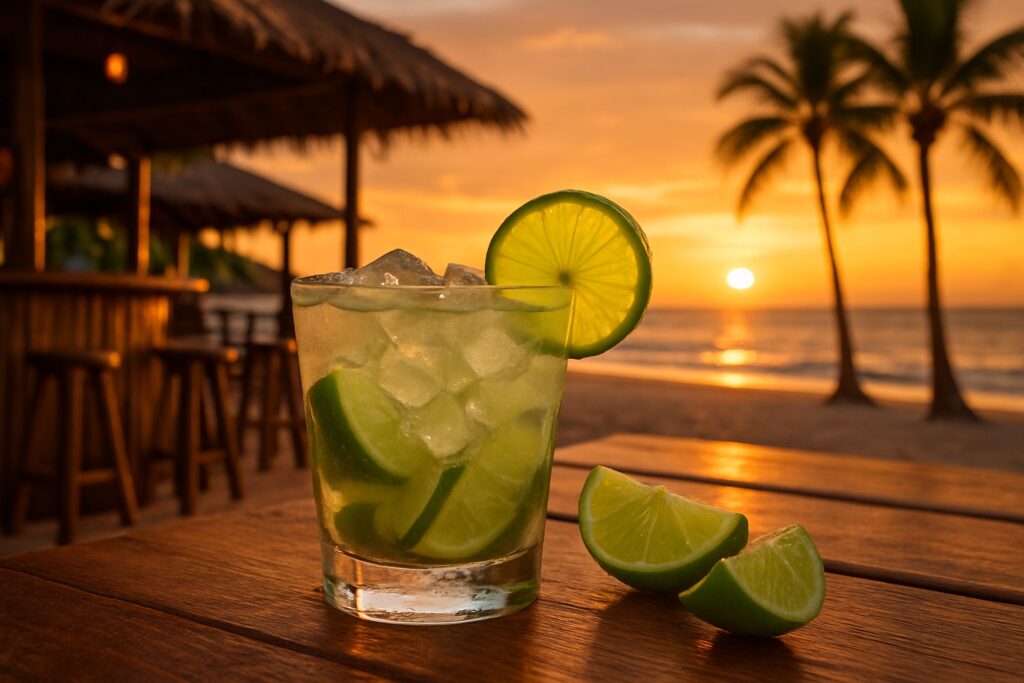 Ein Caipirinha mit Limette auf einem Holztisch an einer brasilianischen Strandbar