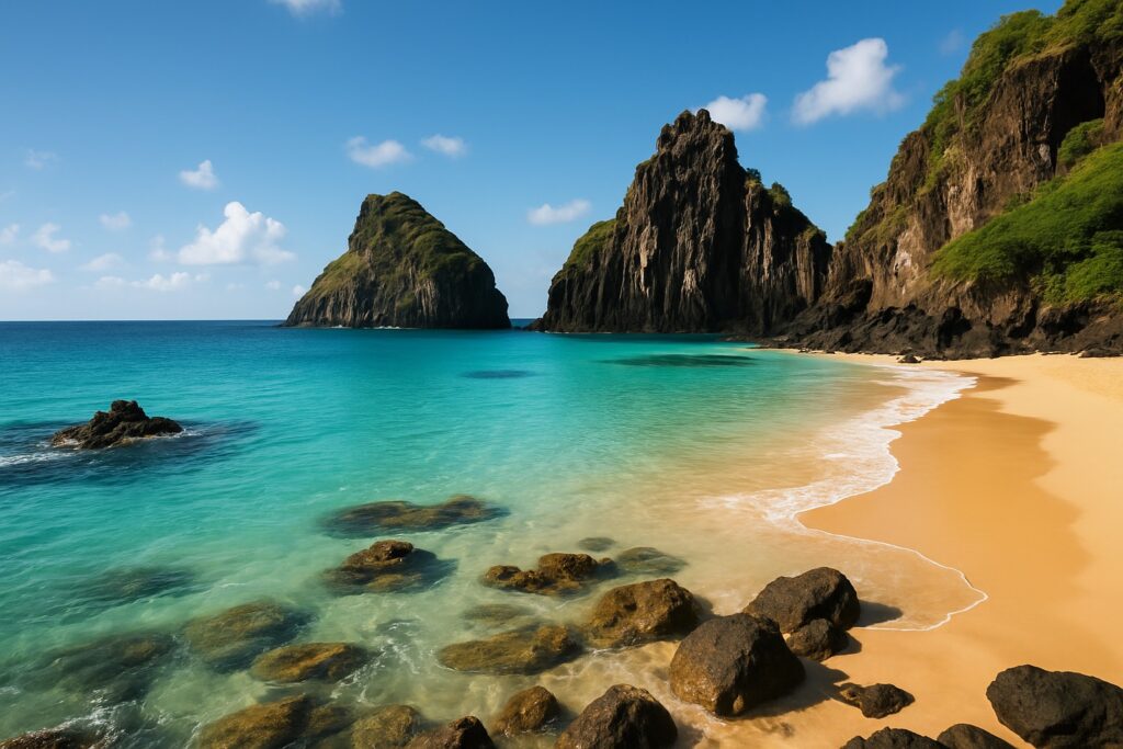 Traumstrand mit türkisem Wasser und Felsen auf Fernando de Noronha, Brasilien